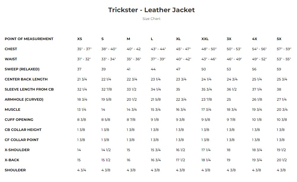 Size chart for women's Trickster leather motorcycle jacket.