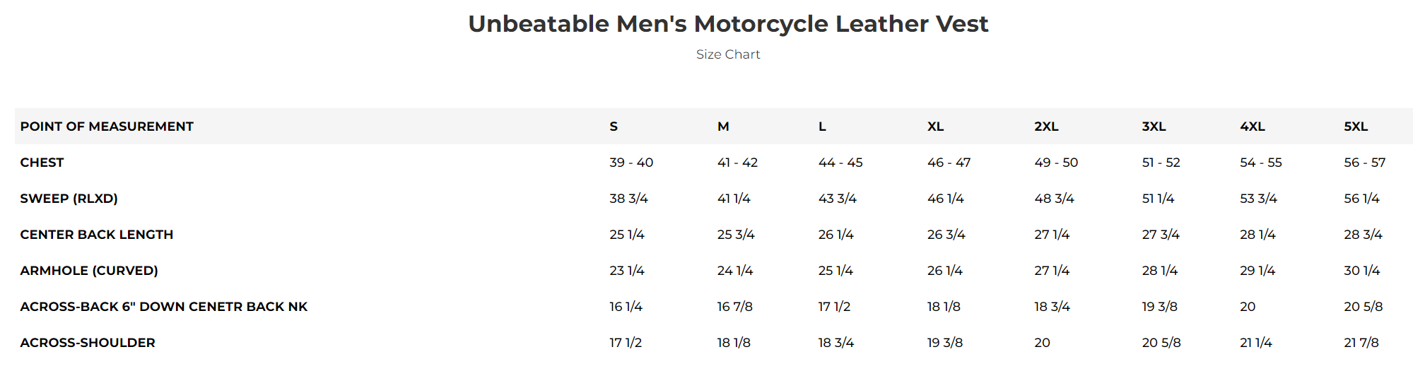 Size chart for men's Unbeatable leather motorcycle vest.