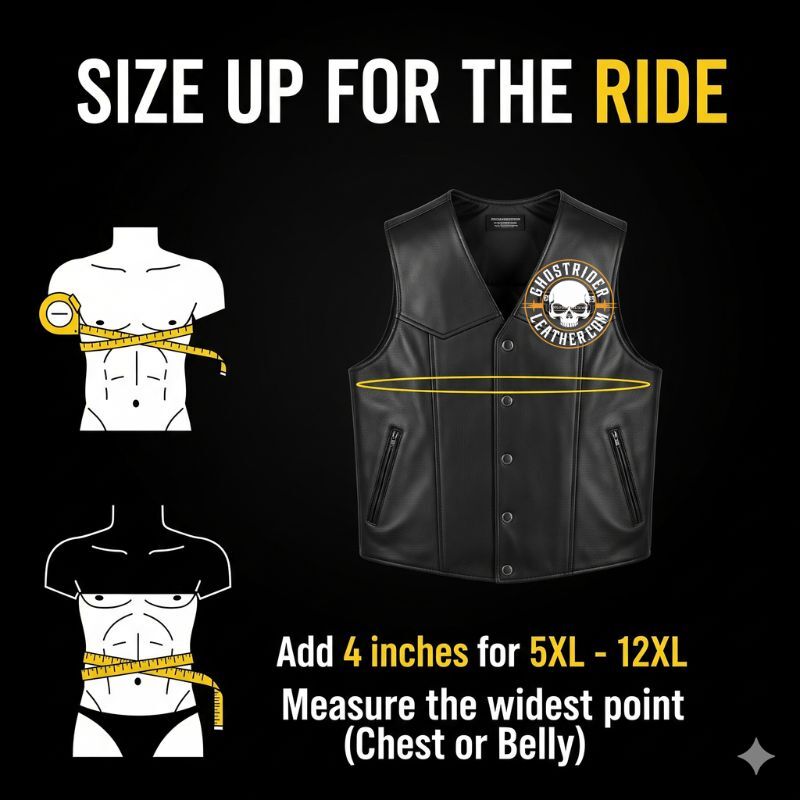 Big and Tall Motorcycle Vest Sizing Chart 5XL to 12XL - Ghost Rider Leather.
