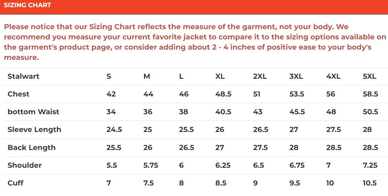 Size chart for men's Stalwart leather bomber jacket.