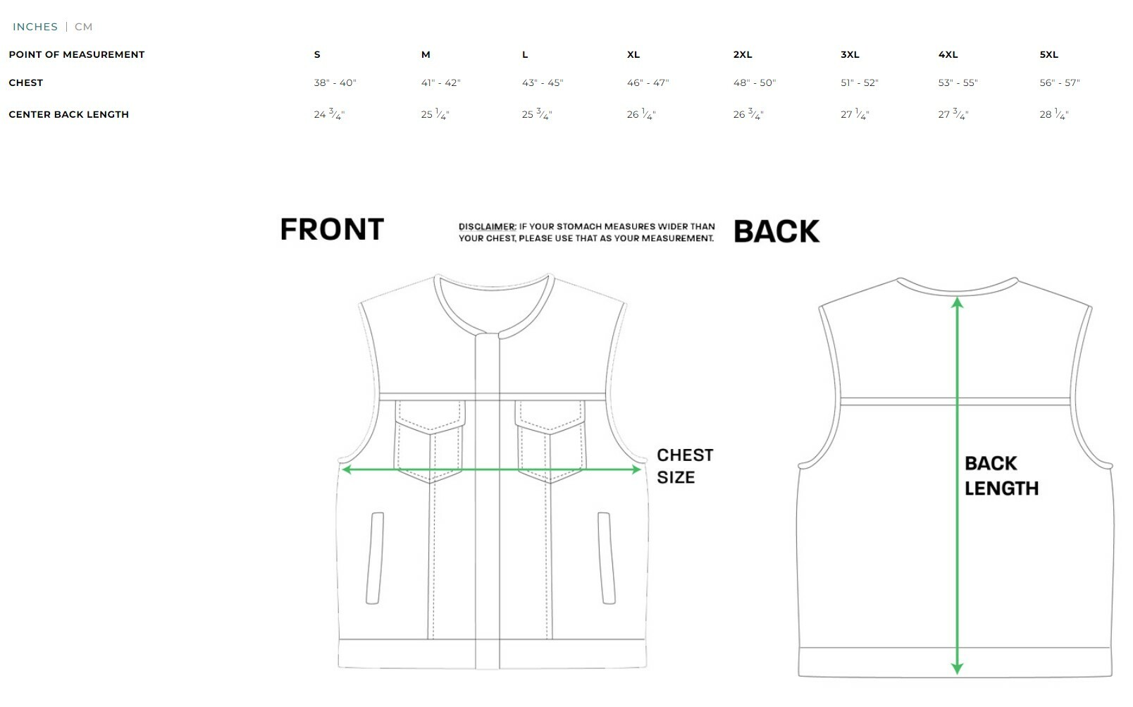 Size chart for The Cut men's leather vest with paisley liner.