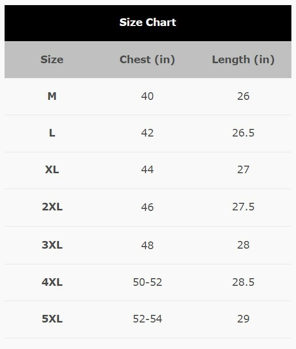 Size chart for men's black leather and denim vest with red and white stitching.
