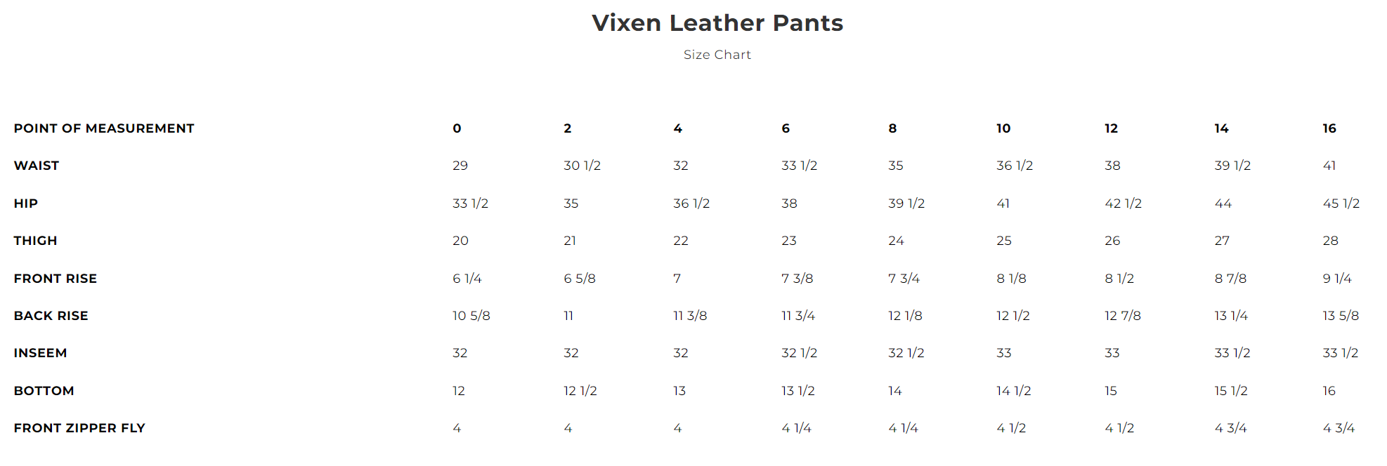 Size chart for Vixen women's leather motorcycle pants.