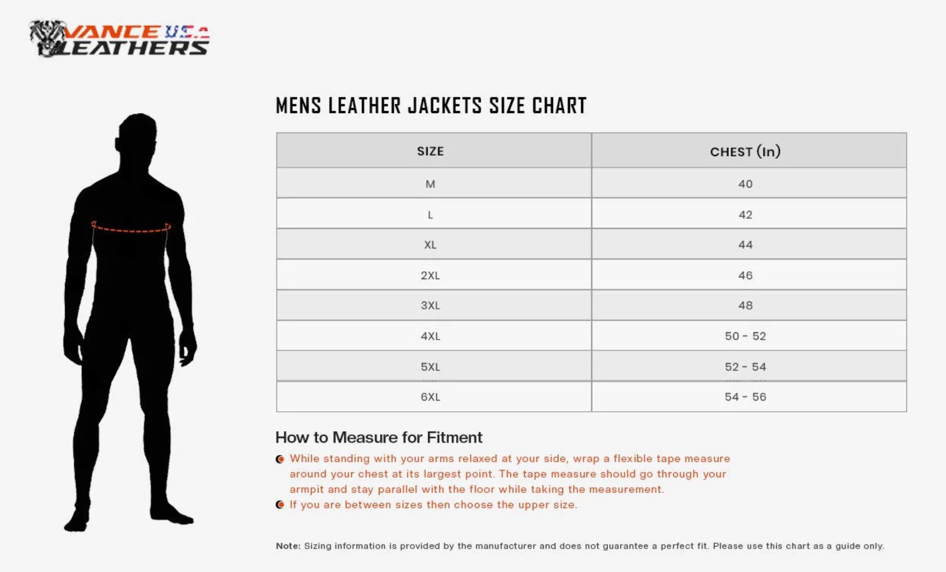 Size chart for men's two tone leather jacket in brown.
