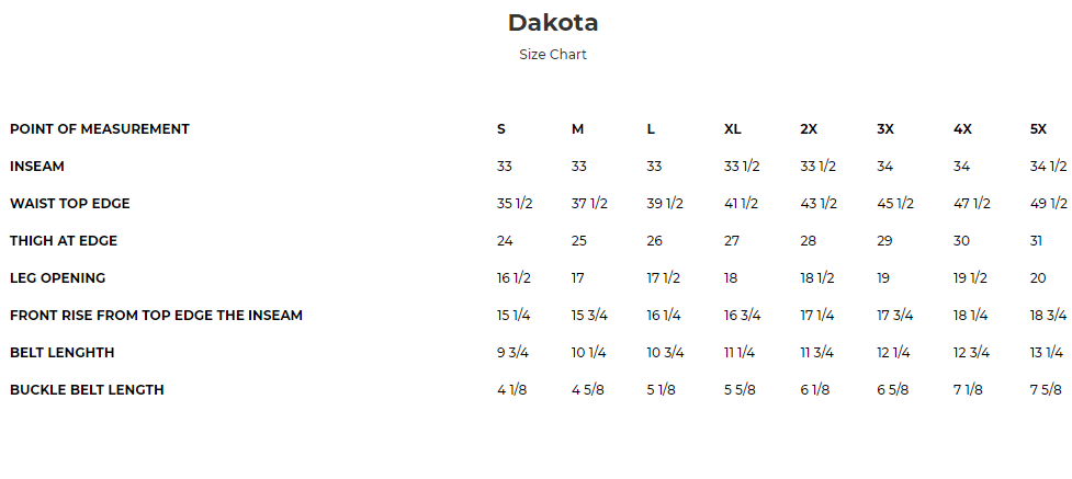 Size chart for men's Dakota copper leather motorcycle chaps.