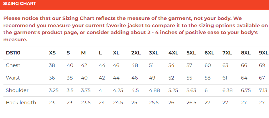 Size chart for men's leather motorcycle vest.