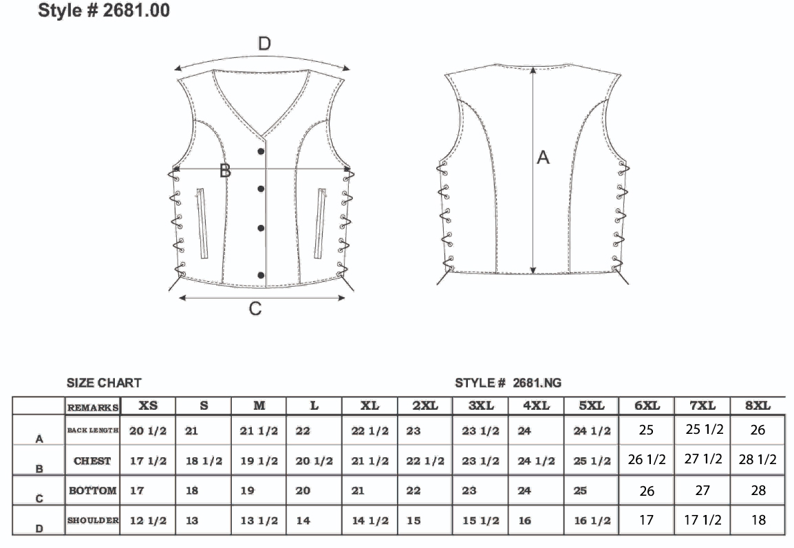 Size chart for women's leather motorcycle vest.