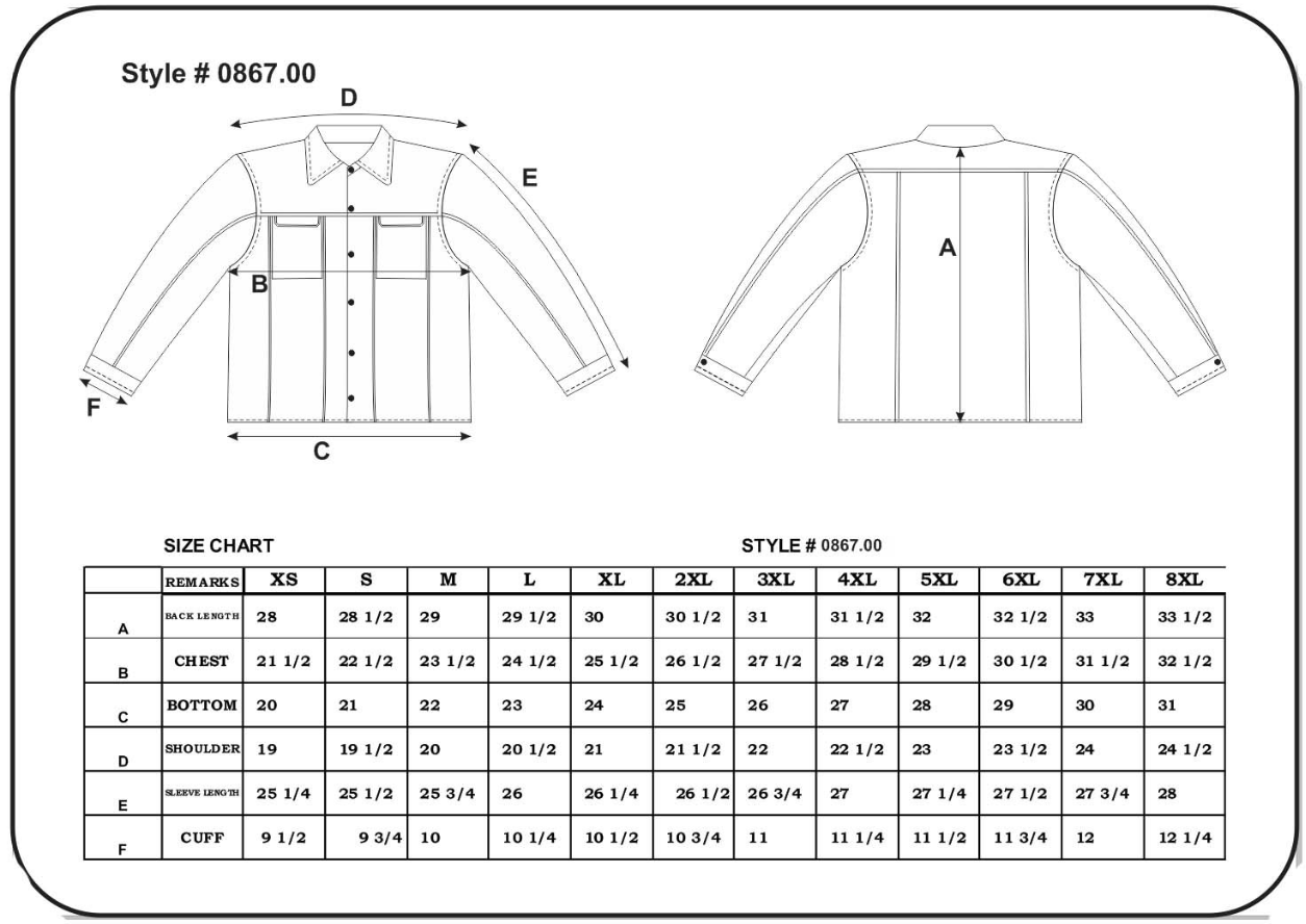 Size chart for men's leather motorcycle shirt.