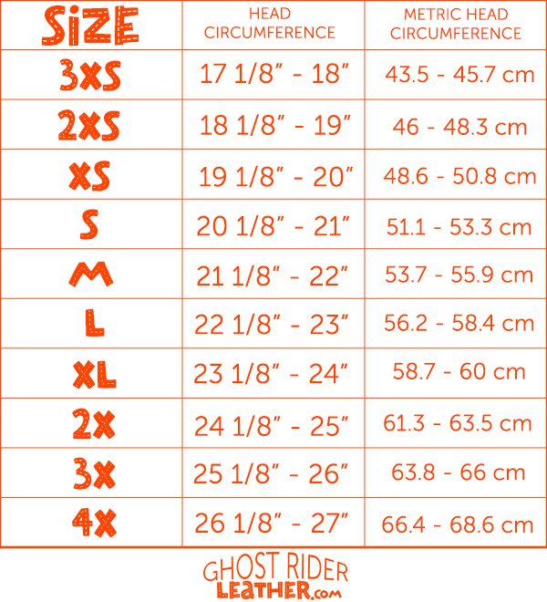 Size chart for motorcycle helmets ending in DH only.