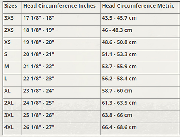 Size chart for Daytona Helmets brand novelty motorcycle helmets.