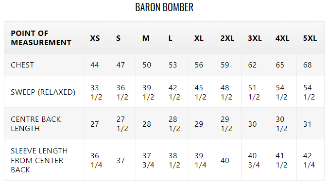 Size chart for the Baron Bomber leather jacket for men.