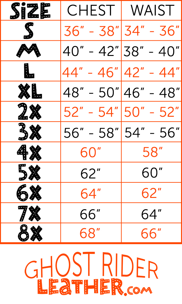 Size chart for men's canvas and leather motorcycle club vest.