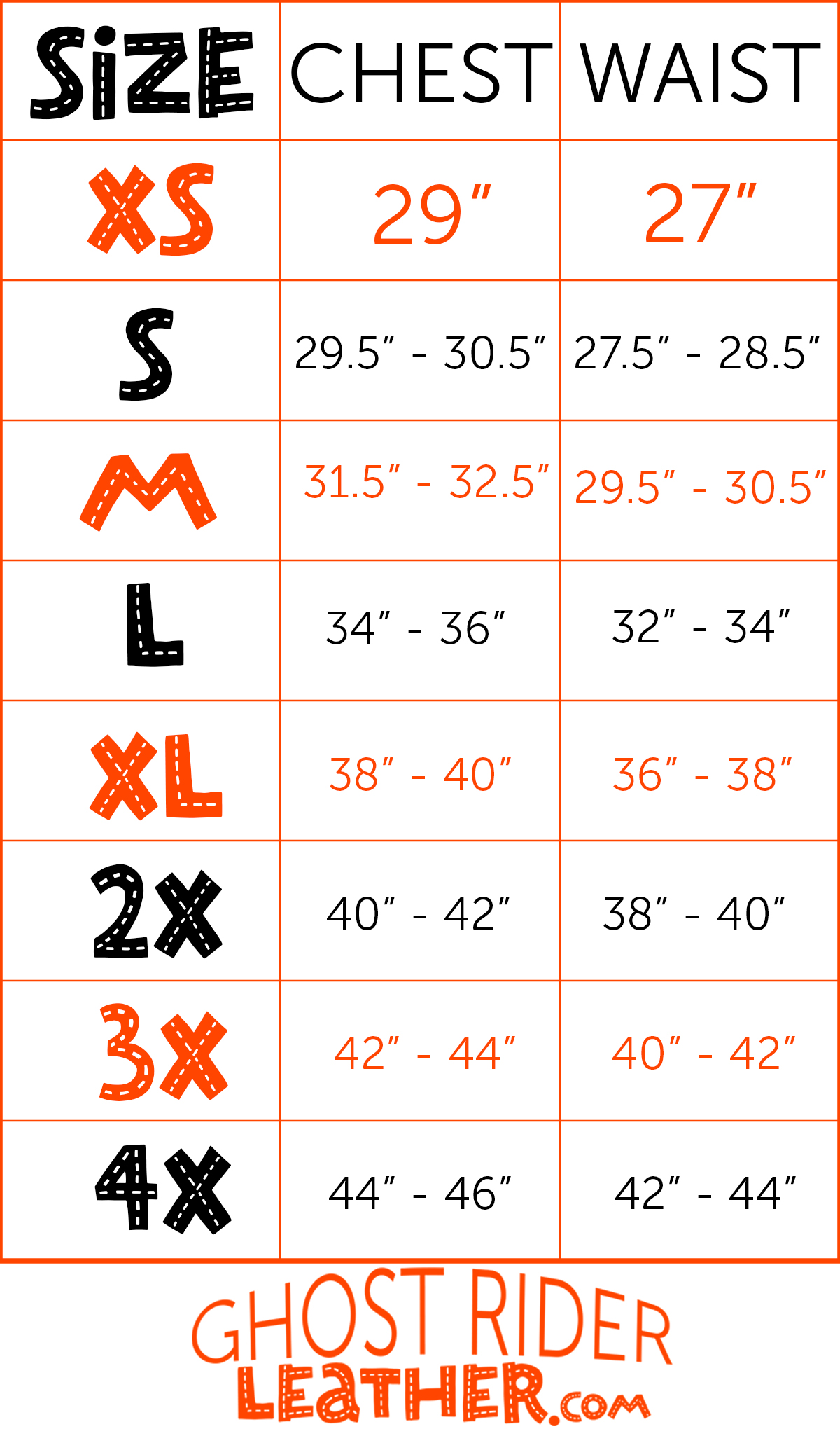 Size chart for women's leather motorcycle shirt.