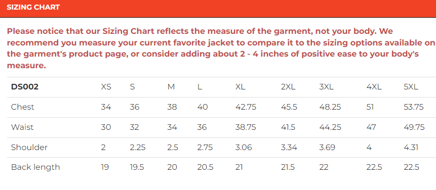 Size chart for women's leather motorcycle vest