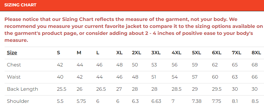 Size chart for men's antique brown leather motorcycle club vest.