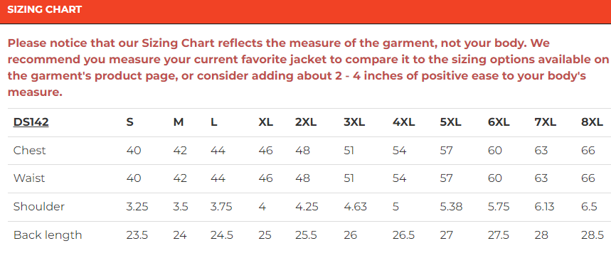 Size chart for men's leather motorcycle vest with buffalo nickel snaps and side laces.