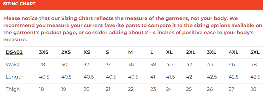 Size chart for unisex leather chaps with two jean pockets.