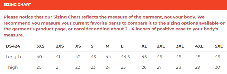 Size chart for men's leather chaps.