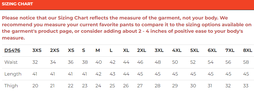 Size chart for men's leather chaps.