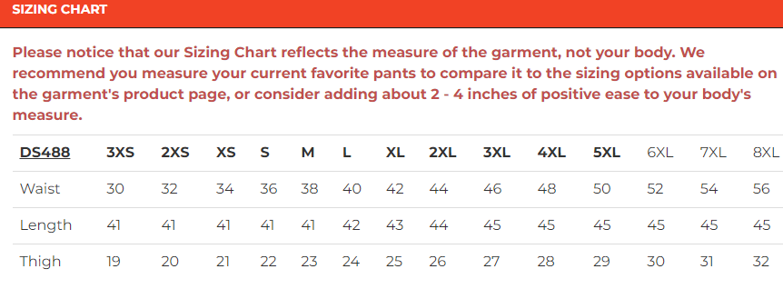 Size chart for men's leather motorcycle chaps with double deep pockets.