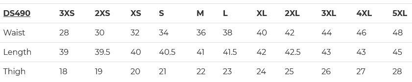 Size Chart for DS490 Women's Leather Chaps.