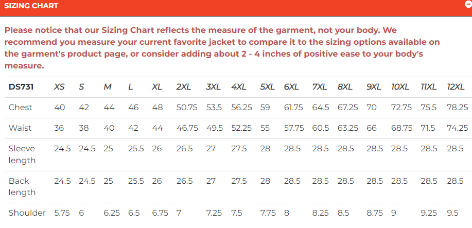 Size chart for men's leather motorcycle jacket with side laces.