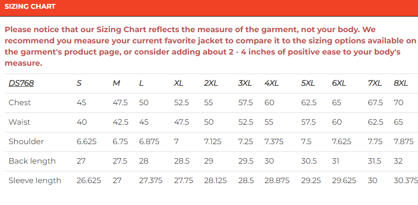 Size chart for men's crossover lightweight leather jacket.