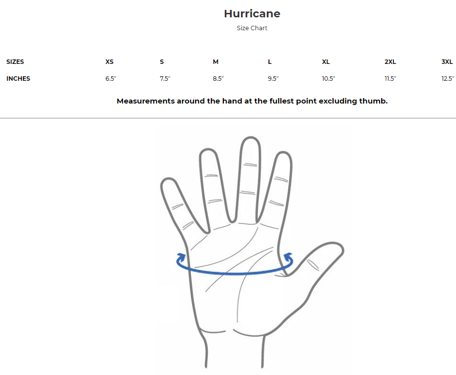 Size chart for Hurricane men's leather and textile gloves with Kevlar knuckles