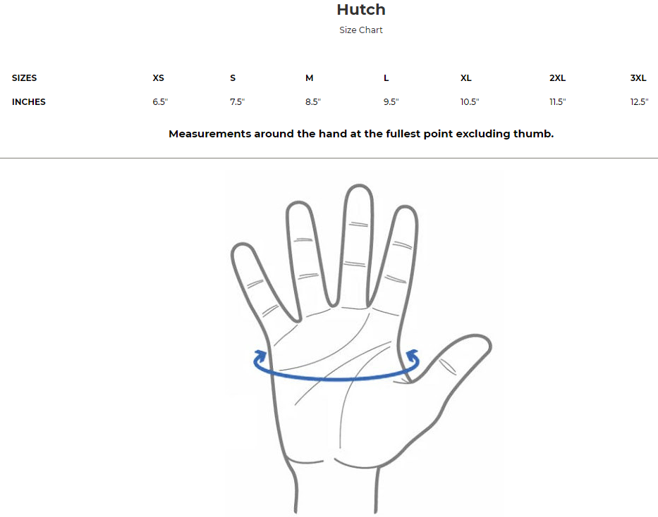 Size chart for Hutch, denim and leather motorcycle gloves for men.