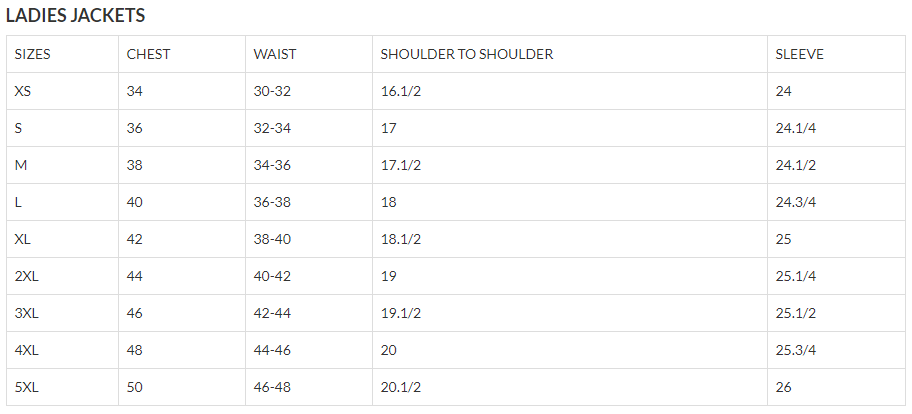 Size chart for women's leather motorcycle shirt.