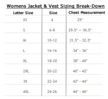 Size Chart for Ladies Reflective Piping Leather Racer Jacket with Air Vents - SKU LJ7900-DL