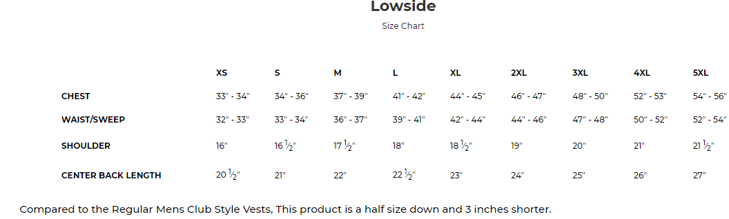 Size chart for Lowside leather men's motorcycle vest.