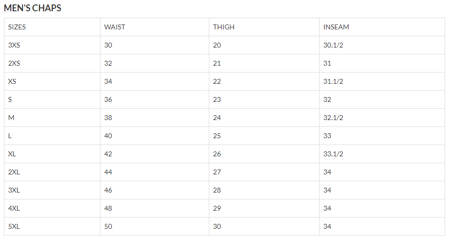 Size Chart for Motorcycle Leather Chaps With Cargo Pocket - SKU AL2408-AL