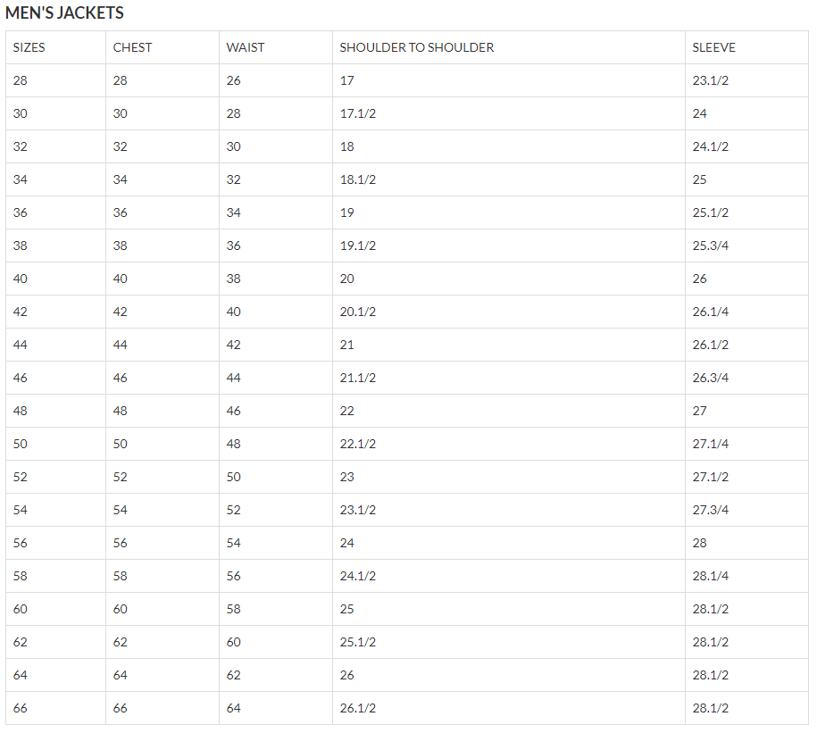 Size chart for men's leather shirt.