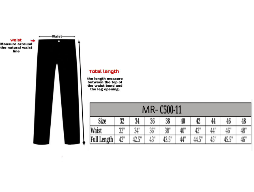 Size chart for men's five pocket leather pants.