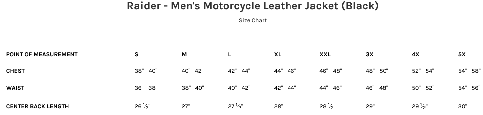 Size Chart for the Raider Men's Diamond Naked Leather Biker Jacket