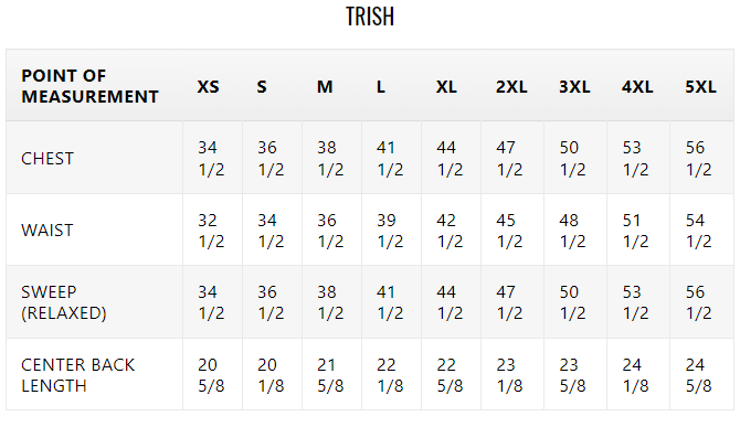 Size chart for Trish women's leather motorcycle jacket.