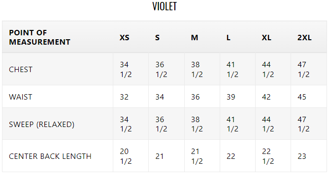 Size chart for Violet, the purple vegan leather motorcycle jacket for women.