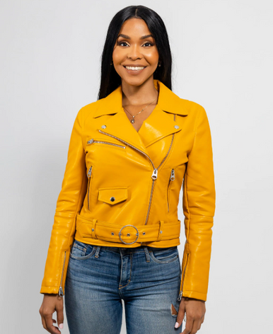 Womens Yellow Belted Style Biker Leather Jacket