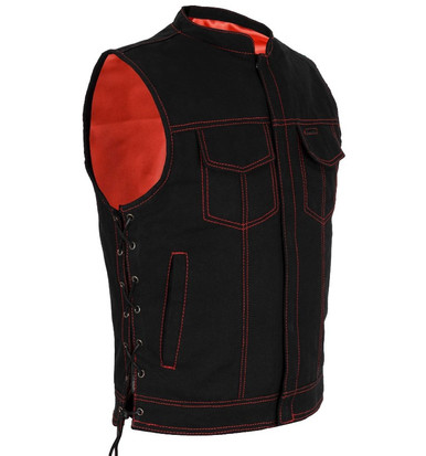 Classic Biker Leather — Mens Black Denim Motorcycle Vest Fold Down Collar  With Button Snap Fro