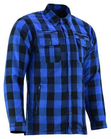 Flannel Motorcycle Shirt - Men's - Armor Pockets - Gun Pockets - Up To Size  5XL - Blue Black Plaid - DS4674-DS