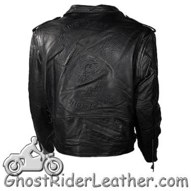 Embossed Eagle Distressed Brown Motorcycle Jacket with Side Laces and Live  To Ride - MJ703-02-DL