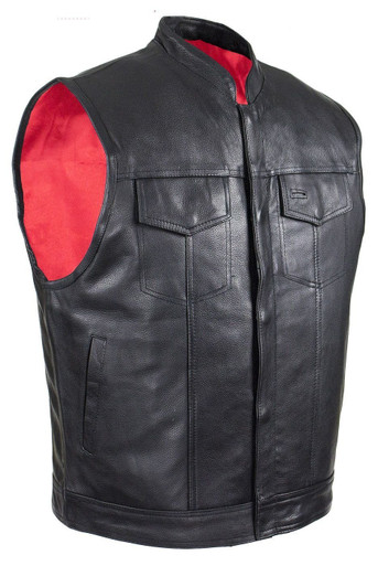 Men`s Motorcycle Biker Red Vest Genuine Cowhide Leather Black