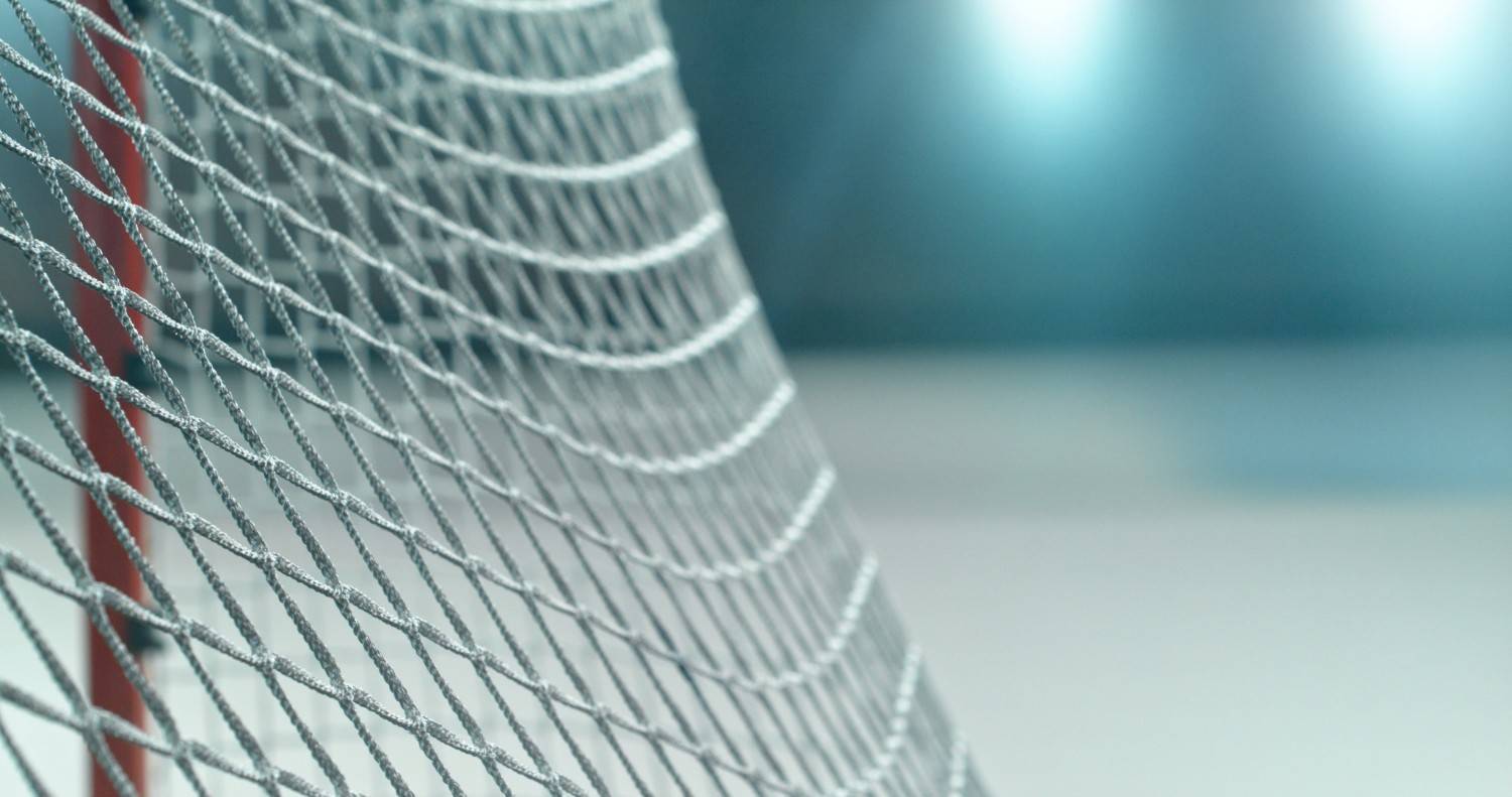 Photograph showing a close-up of a hockey goal net with red goalpost on the left and blurred ice rink background.