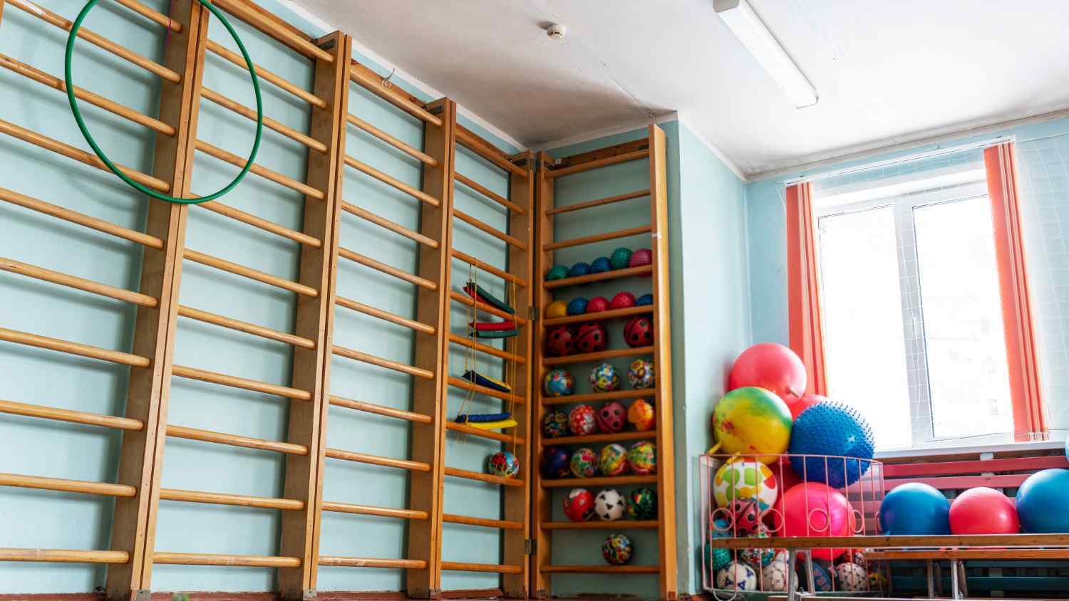 Photograph of a physical therapy or exercise room featuring wooden wall bars on the left and shelves filled with various colorful therapy balls on the right. 