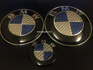 BMW Blue Real Carbon Fiber Emblem Replacement with Silver Ring For G87 M2 (Hood + Trunk Set)