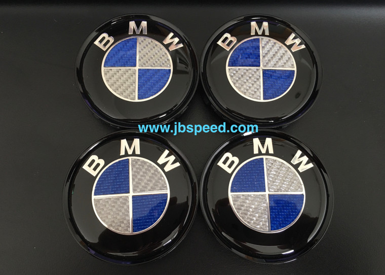 Blue Real Carbon Fiber Wheel Center Cap Replacement Set with Gloss Black Painted Ring (68mm)