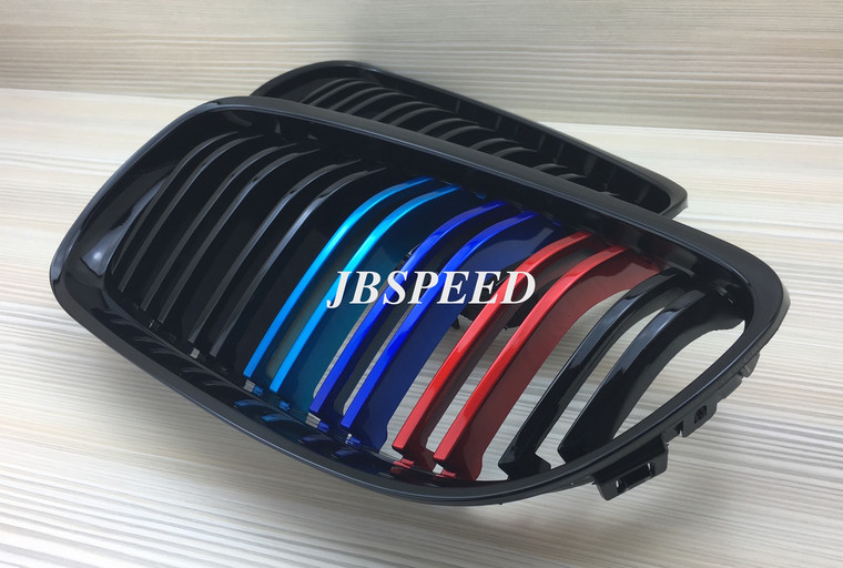 JBSPEED Dual Slat Gloss Black Grills with Metallic Painted M// Stripes for BMW E90 Facelift (Lci)