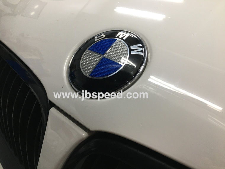 Blue Real Carbon Fiber Emblem Replacement with Silver Ring For F20/F21/F10/F11/F82 M4/F10 M5 (Hood + Trunk Set)