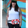 This is the front of the Strong Skater fanny pack by Strong Athletic, made by Flat Track Revolution. This red fanny pack is made with a very durable water resistant fabric. Our hip bags have hand screen printed art- our Strong Athletic logo is printed in white ink and the words "strong skater" are printed in light blue ink. The zipper, adjustable nylon strap and the two-sided release buckle are black. The strap comes in two size options because bodies come in multiple size options. 